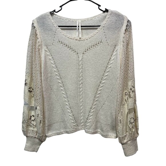 ANTHROPOLOGIE IVORY EMBROIDERED SWEATER Size XL Long Sleeves Wool Cotton